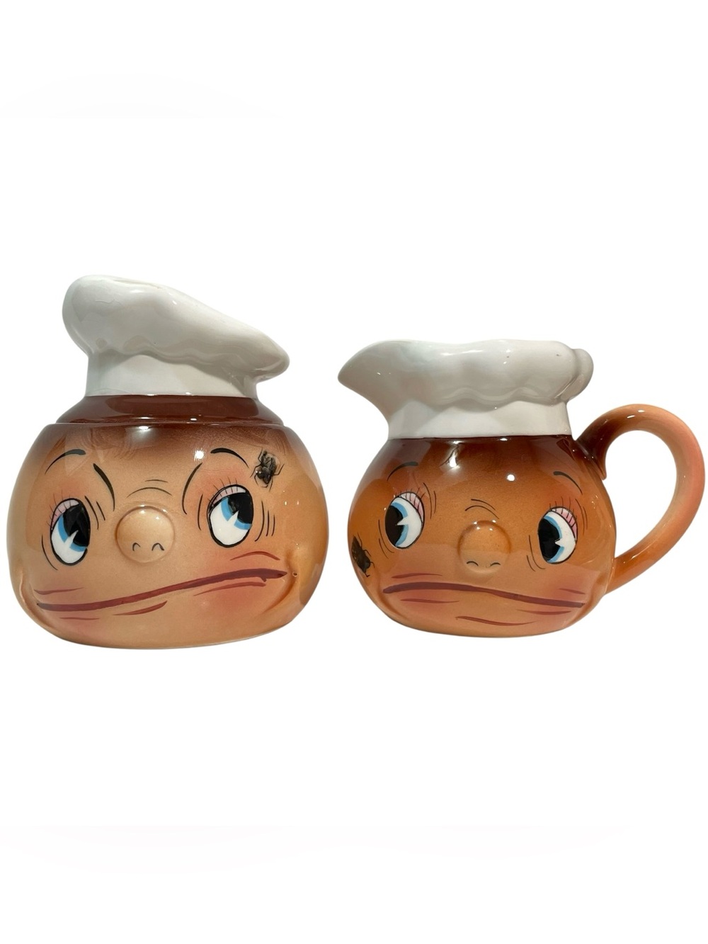 Vintage 1950s Ucagco Chef Creamer and Sugar Set "Oh My, A Fly..." Series Kitschy